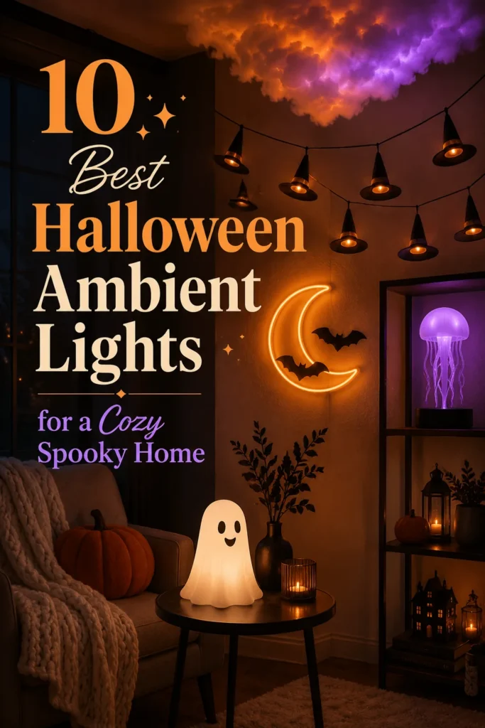 Cozy modern Halloween room with ghost lamp, witch hat lights, colorful cloud light and purple jellyfish lamp.