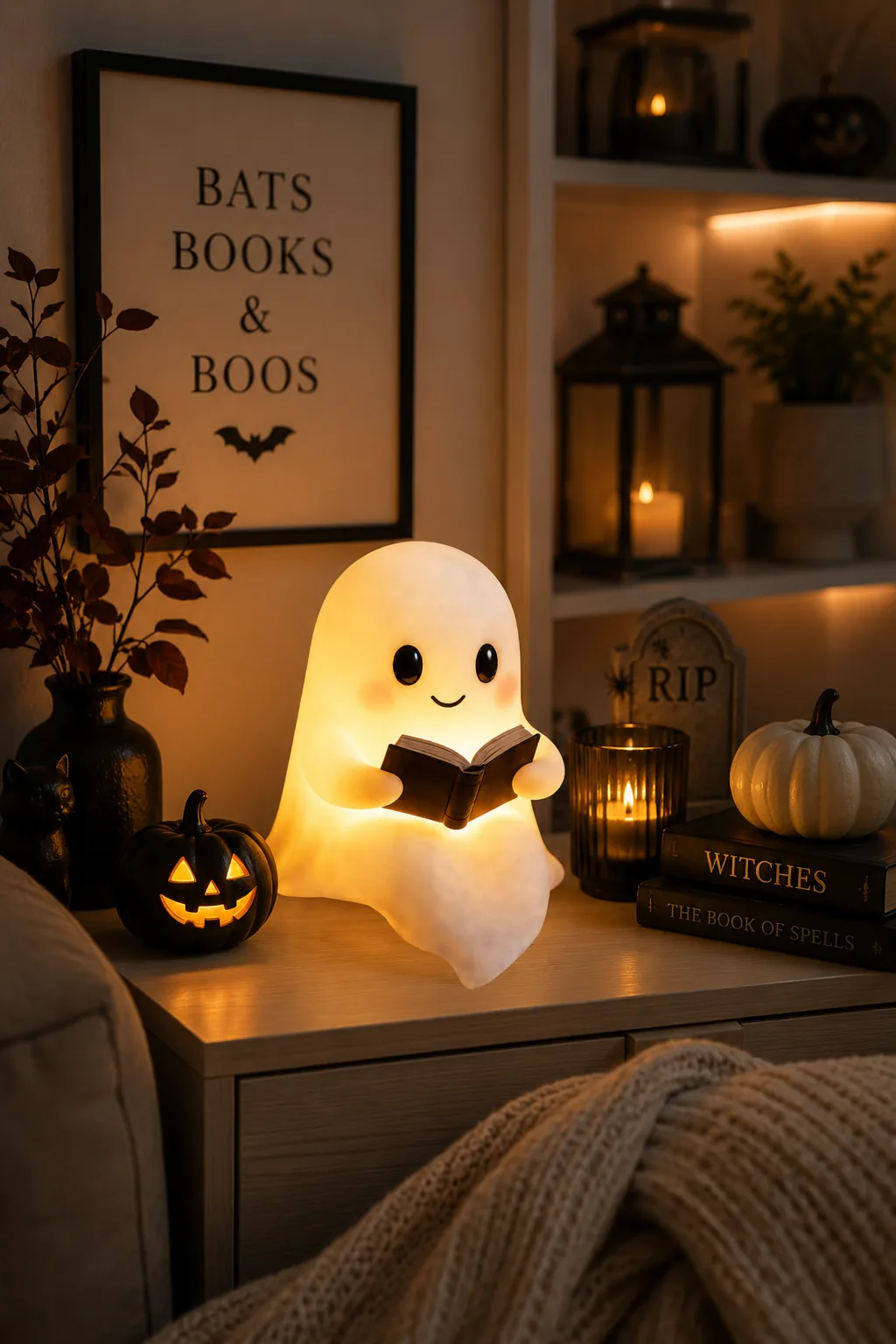 Warm white reading ghost night light holding a book on a modern Halloween bedside table.