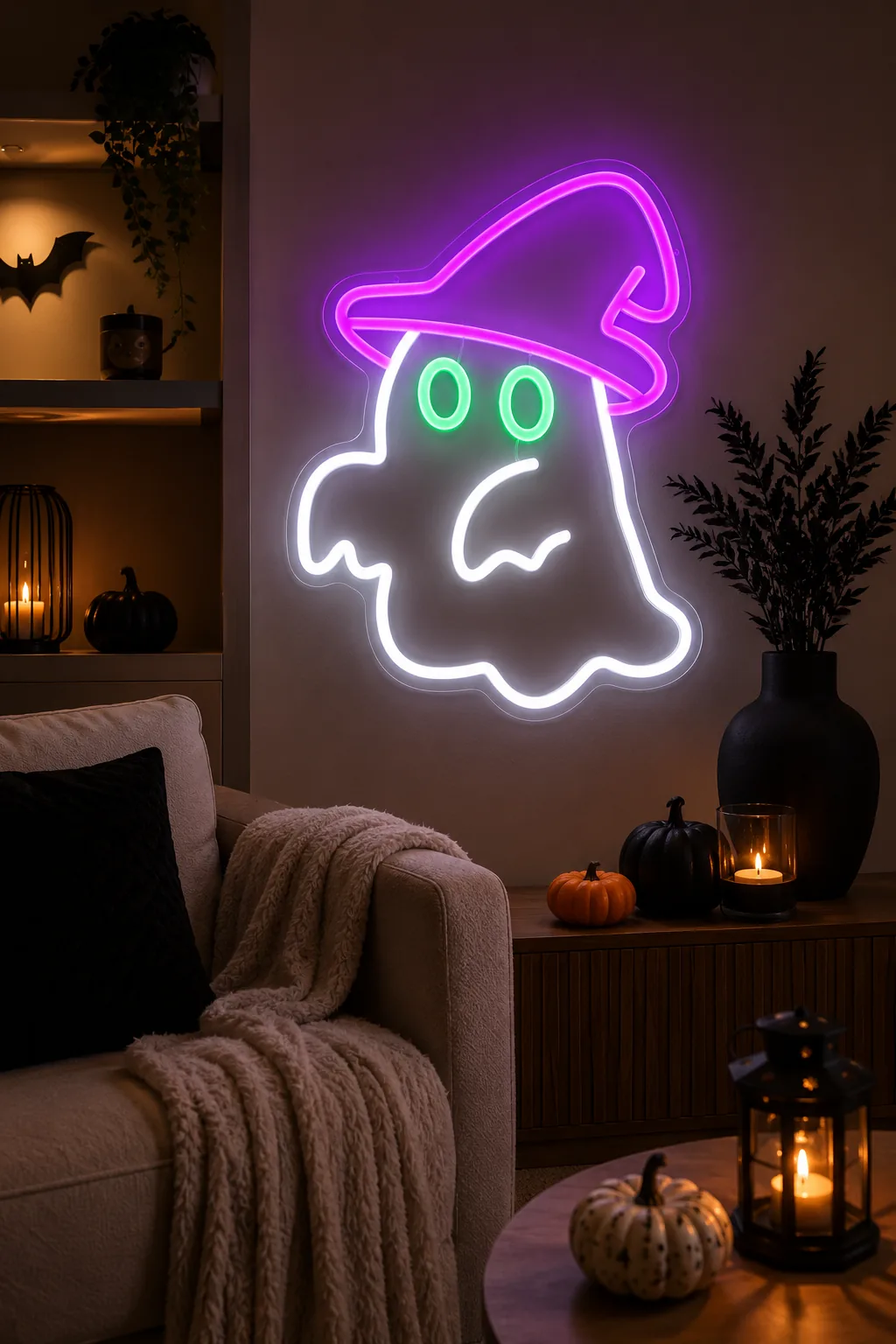 Purple witch hat ghost neon sign glowing on the wall of a modern Halloween living room.