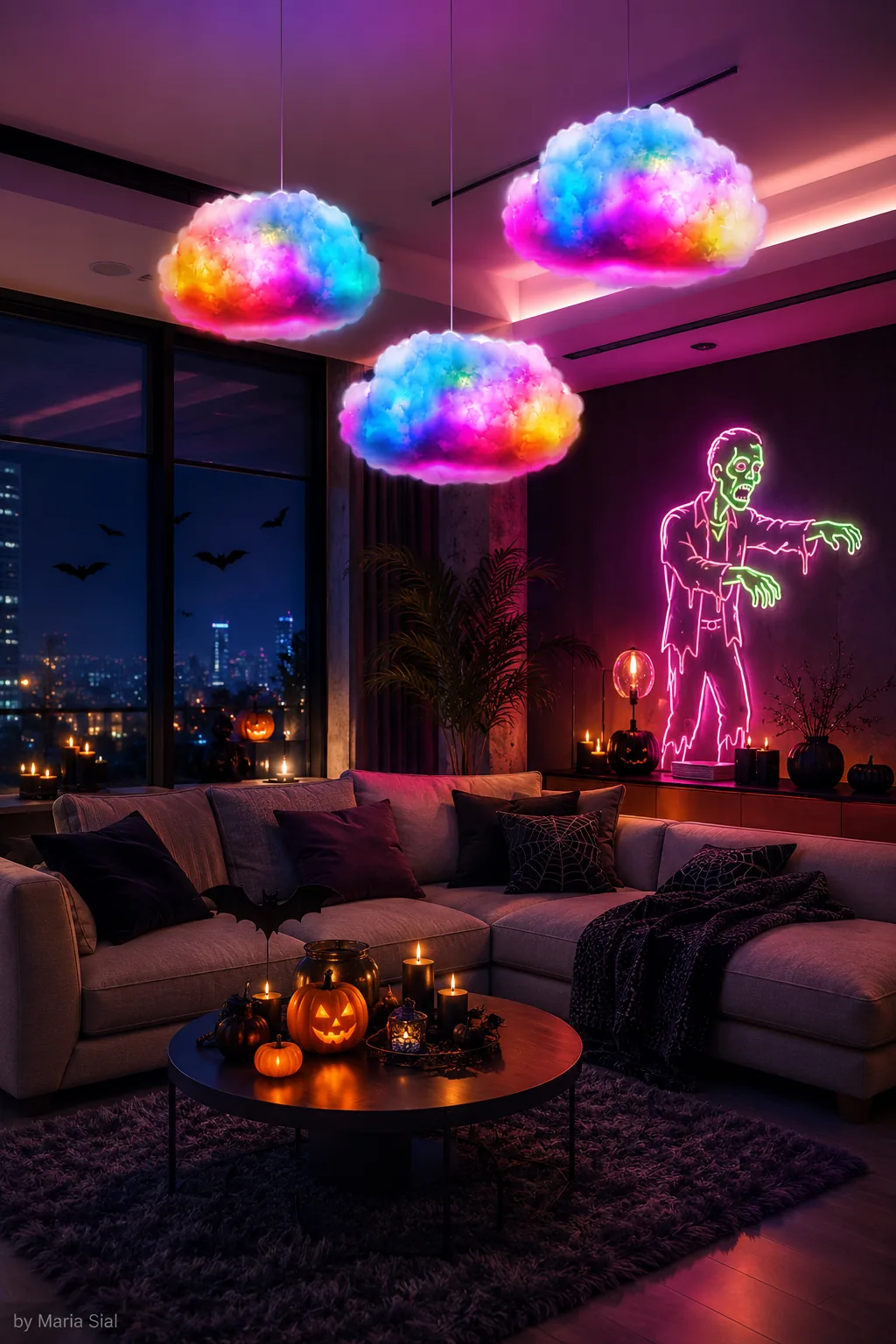 Color-changing RGB cloud lights hanging from the ceiling in a modern Halloween living room.