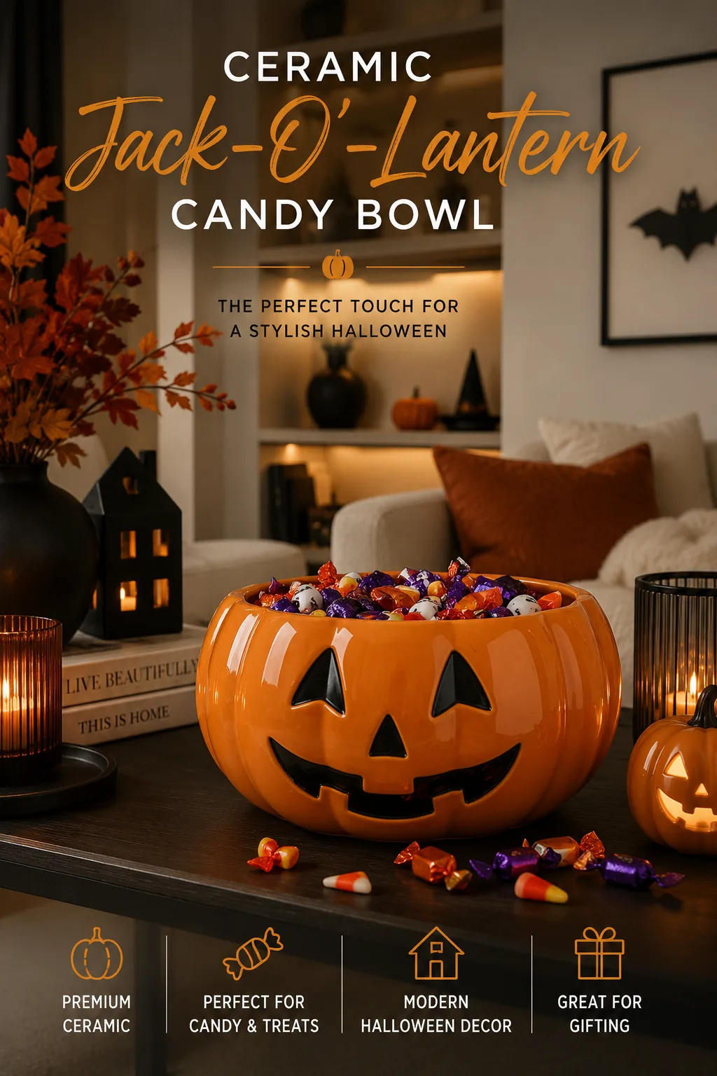 Orange ceramic jack-o-lantern candy bowl filled with Halloween treats in a modern living room.