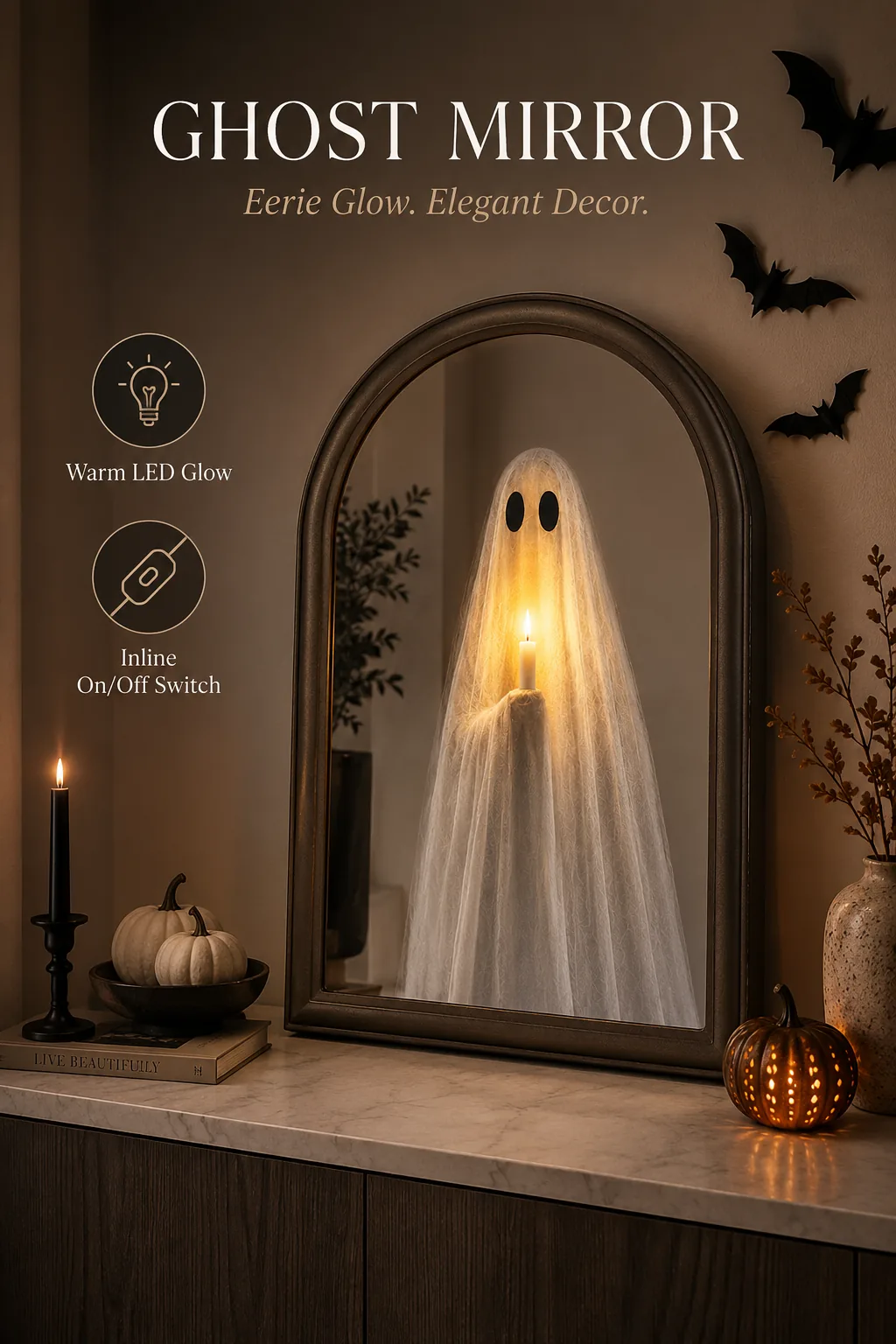 Arched light-up ghost mirror with a warm LED glow on a styled Halloween console.