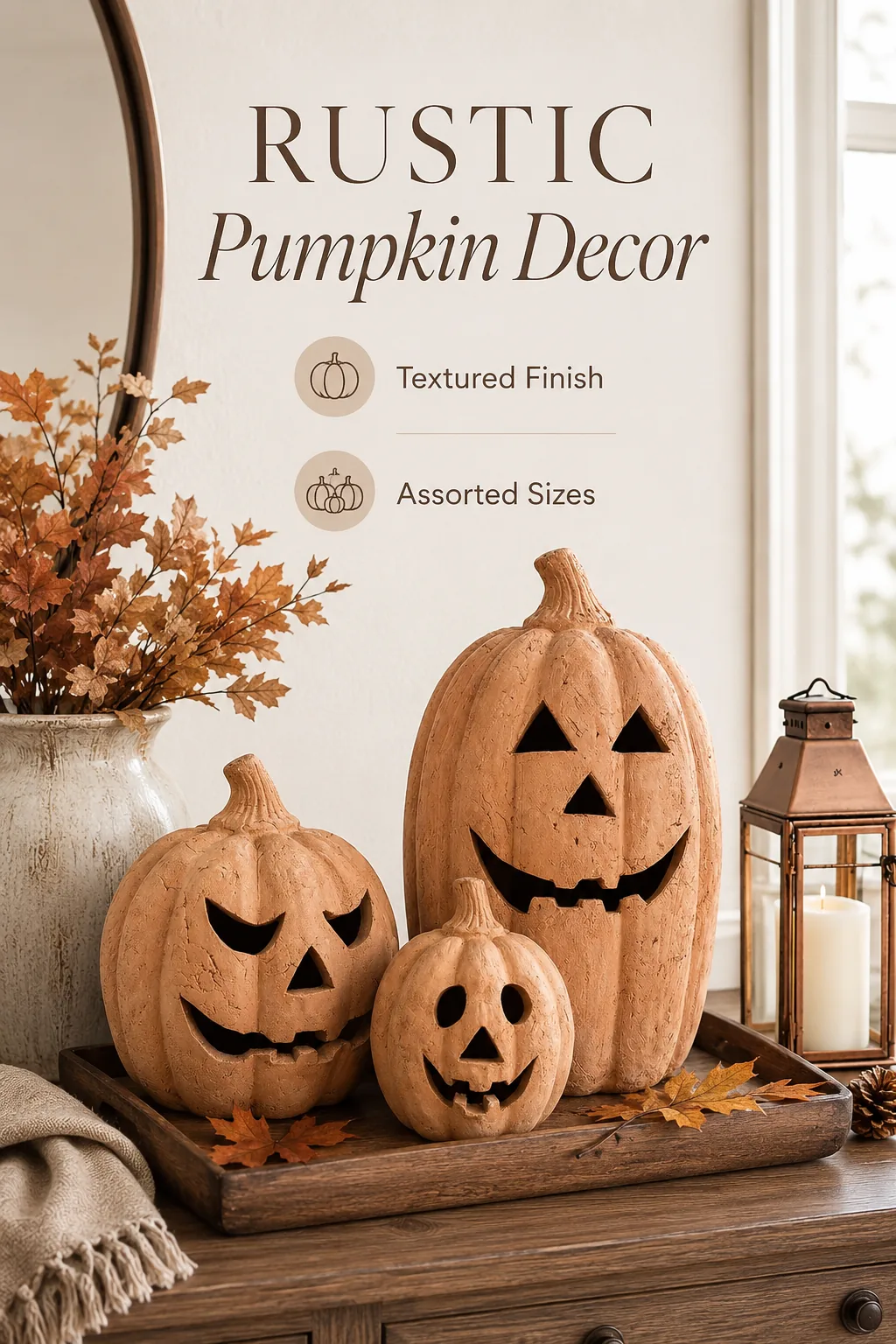 Three textured terracotta jack-o-lantern pumpkins arranged on a rustic fall console.