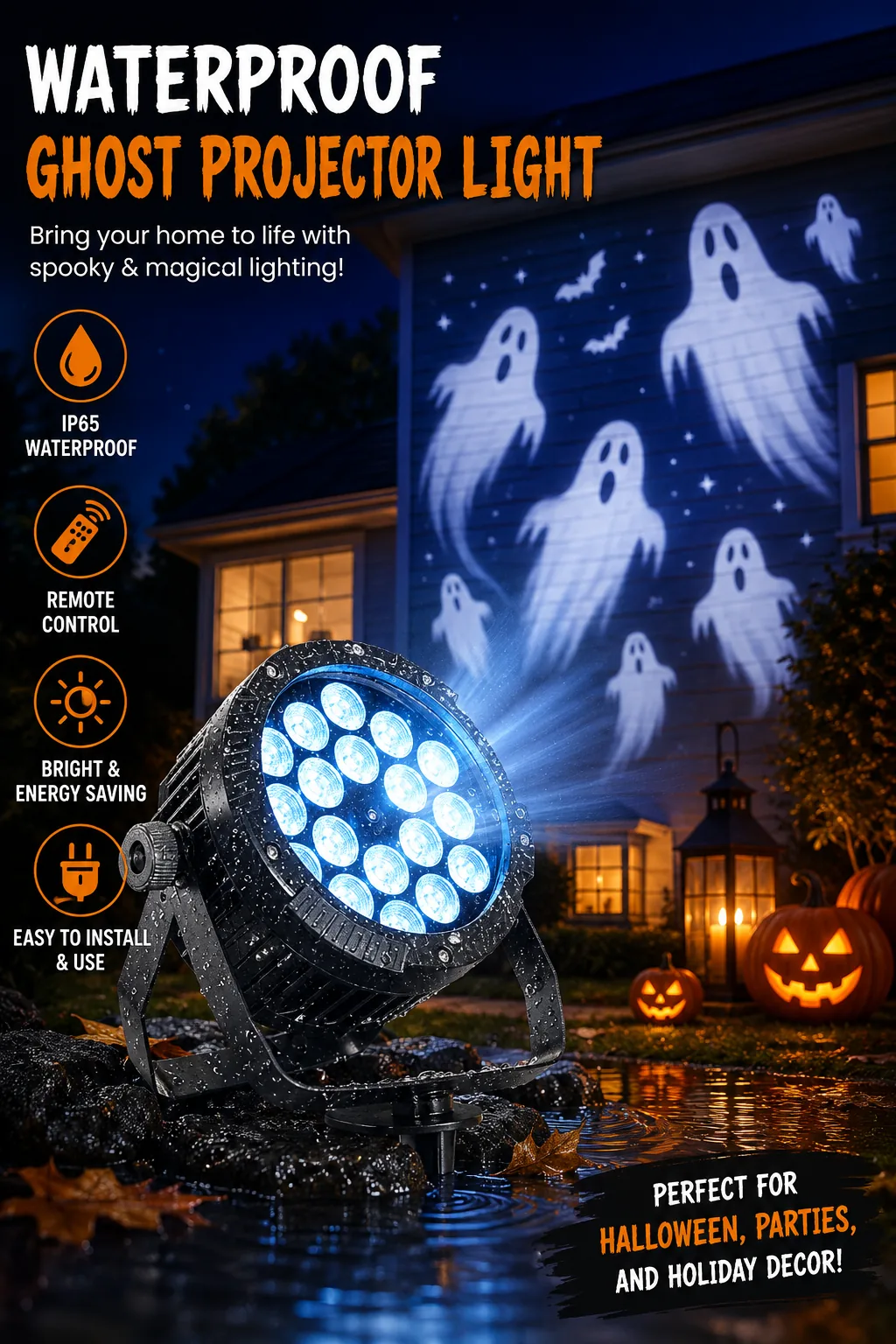 Outdoor Halloween projector casting moving white ghost shapes across a house wall at night.