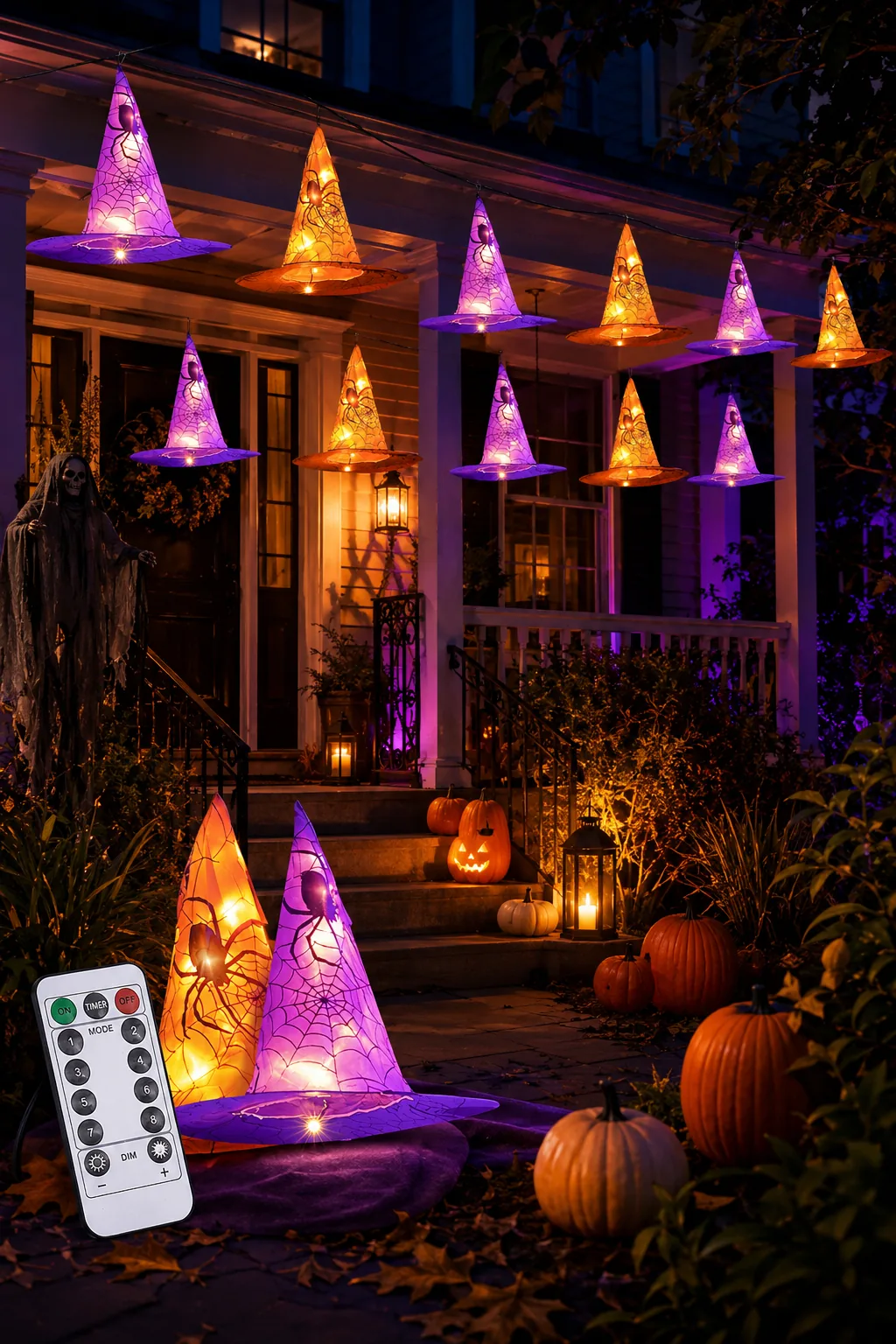 Purple and orange illuminated witch hat string lights decorating a Halloween front porch.