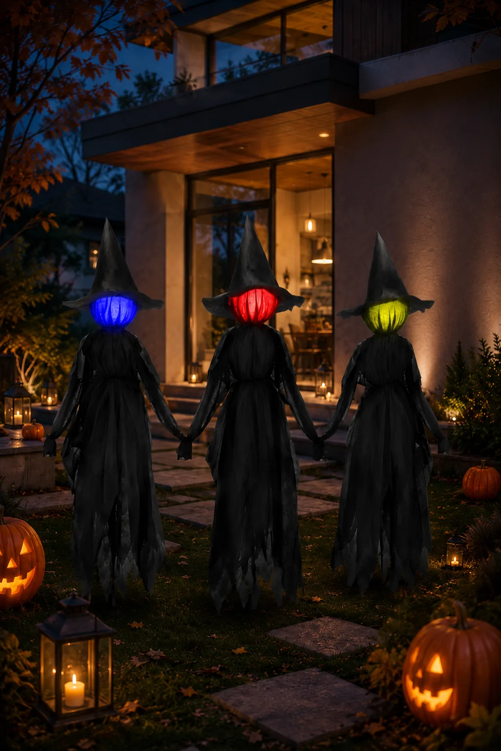 Set of three tall light-up witch yard decorations with blue, red and green glowing heads.