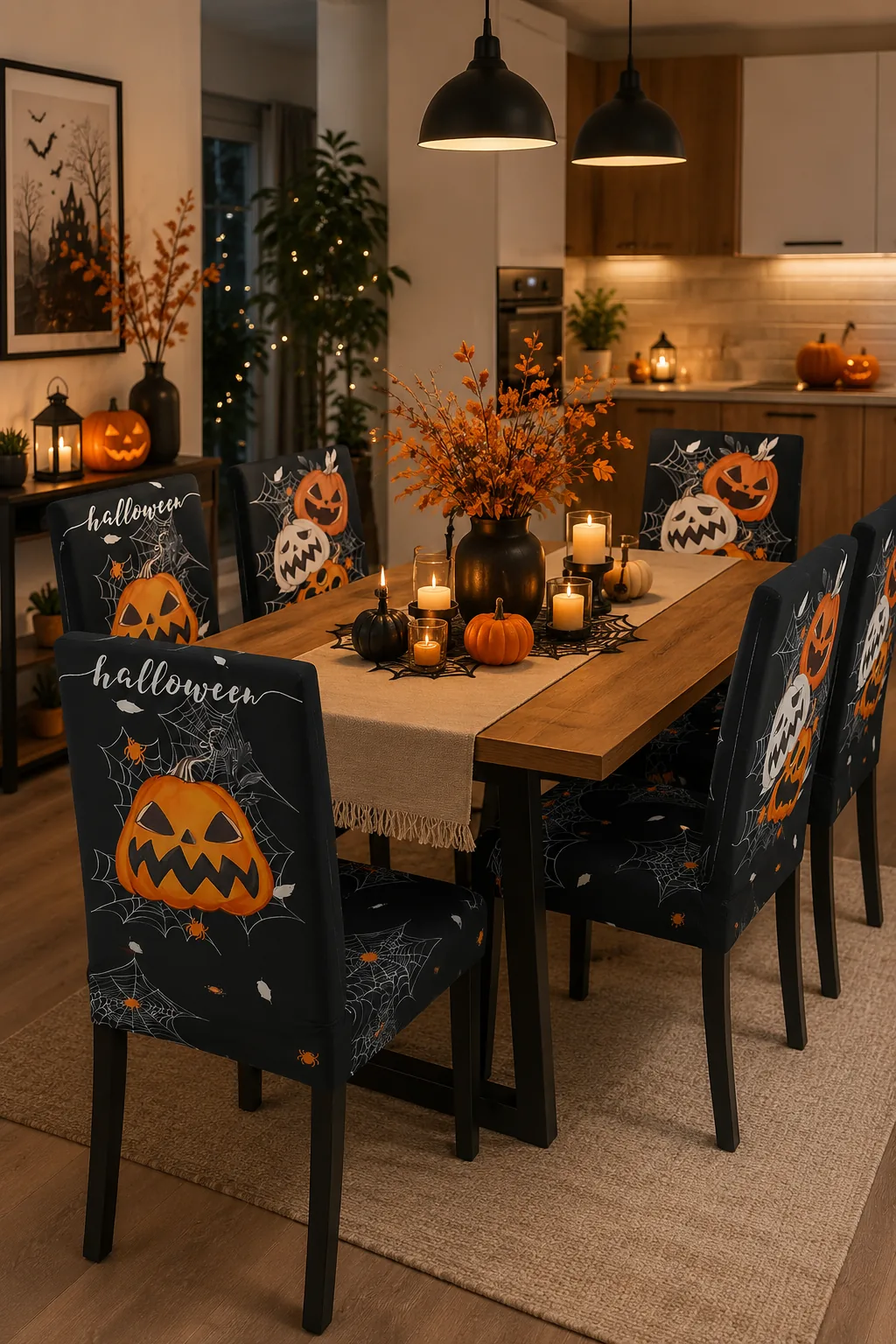 Modern dining room styled with black Halloween chair covers featuring pumpkins, ghosts and spiderwebs.